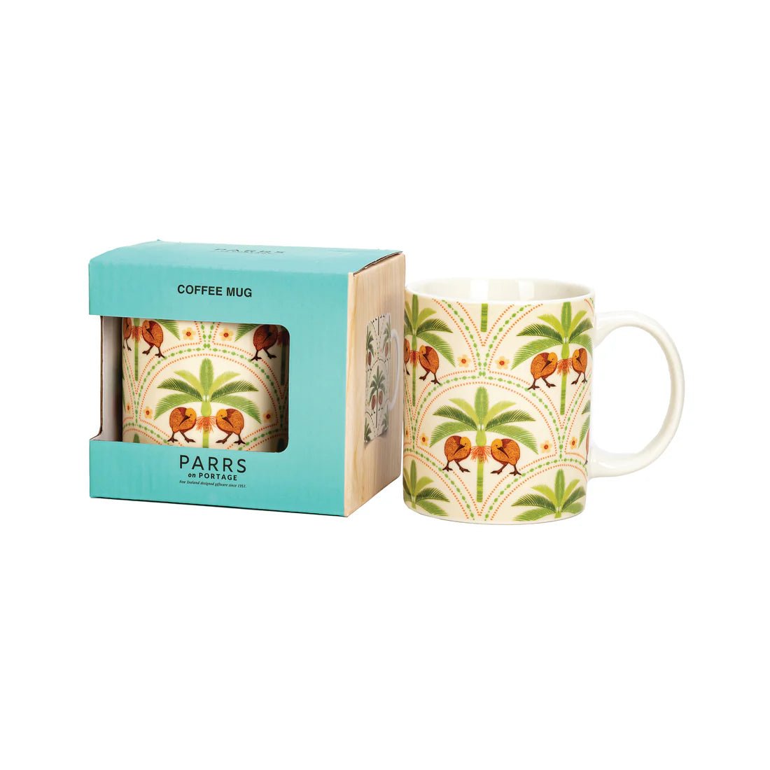 Coffee Mug Kiwi Tropics with Nikau's - Cream - MarshallsHealthShop