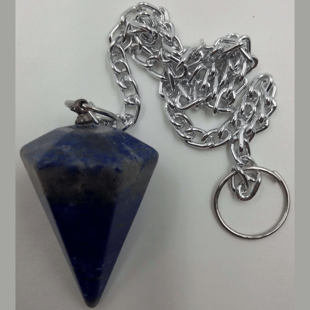 Cone Pendulums Lapis Cone Pendulums- Lapis Dimensions: Length of stone-3cm. Length from chain to the tip of the stone 29cm Size and colour are approximate and may vary. SKU: PLLP