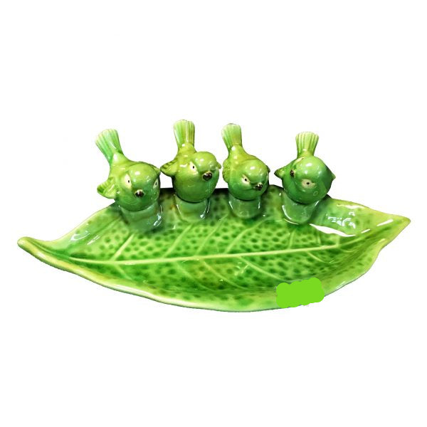 Kaku Green Ceramic Leaf Plate Four Birds