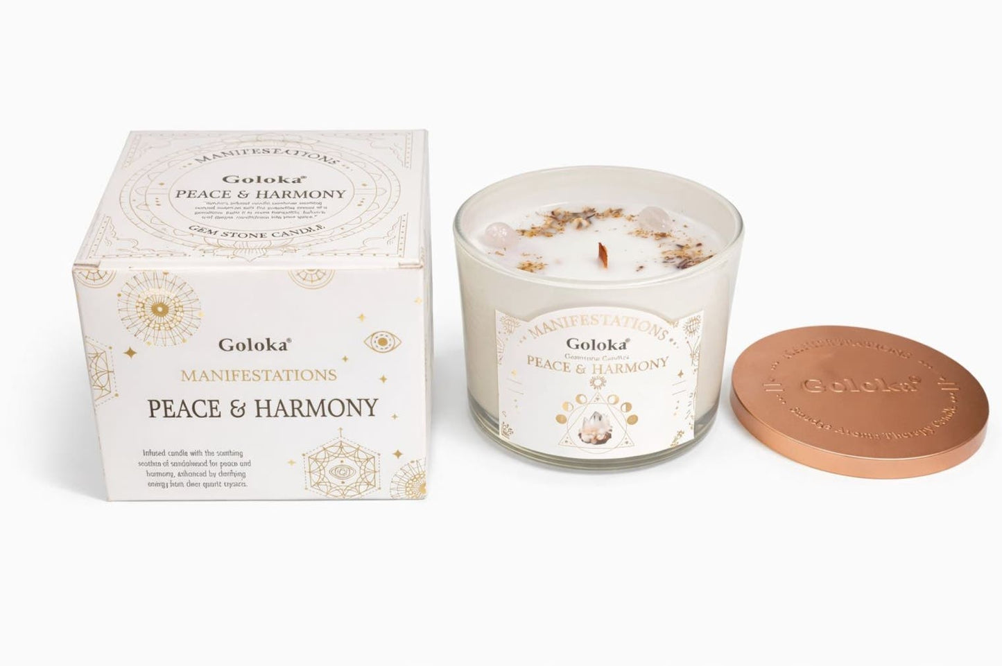 Goloka Peace Harmony Gemstone Candle Clear Quartz Sandalwood - 1st Stop Marshall's Health Shop, Gift Shop! - Heath and Natural Therapy New Brighton Christchurch - Naturopath