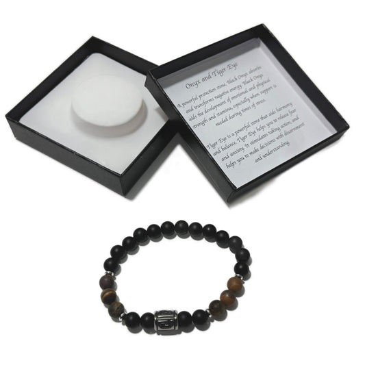 Men's Bracelet Matte Onyx Matte Tiger Eye Greek Letter Bead - 1st Stop Marshall's Health Shop, Gift Shop! - Heath and Natural Therapy New Brighton Christchurch - Naturopath