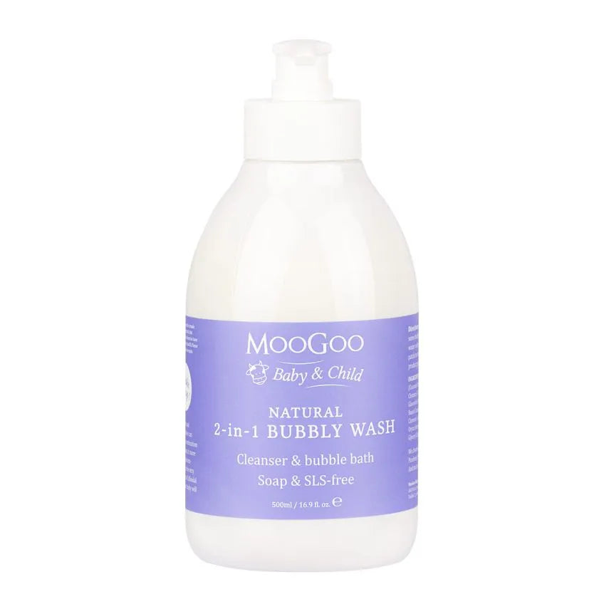 MooGoo 2-in-1 Bubbly Wash 500ml Babies need cleansers in their bath for hygiene. Washing with water alone doesn’t remove much dirt and any of the other things babies can get into. But a lot of the commercial wash products out there are made with cheap, synthetic detergents that can strip the skin of its natural oils, leaving it high and dry.