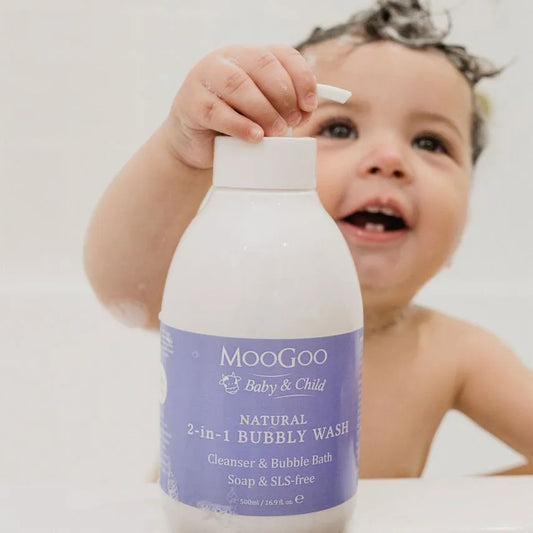 MooGoo 2-in-1 Bubbly Wash 500ml Babies need cleansers in their bath for hygiene. Washing with water alone doesn’t remove much dirt and any of the other things babies can get into. But a lot of the commercial wash products out there are made with cheap, synthetic detergents that can strip the skin of its natural oils, leaving it high and dry.