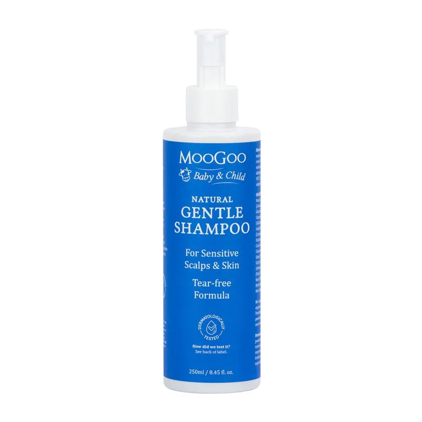 MooGoo Baby Gentle Shampoo 250ml Baby skin is more easily irritated than adult skin and babies are far louder when shampoo gets in their eyes. Our natural shampoo is designed to be very gentle on the delicate scalp and skin of babies and young children as well as leaving hair silky soft.