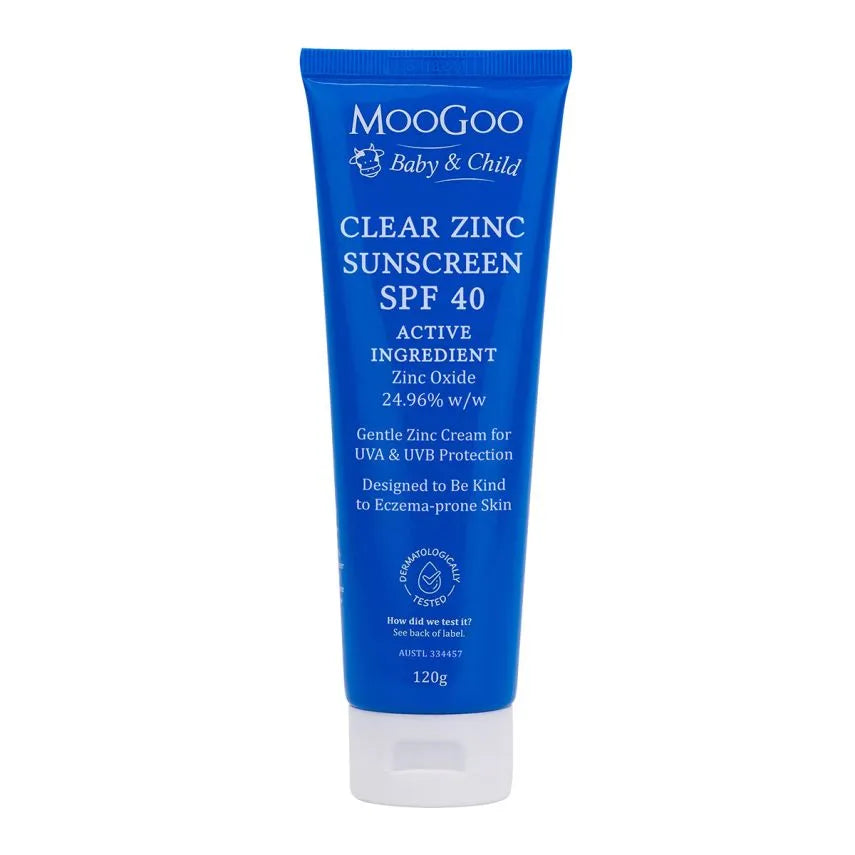 MooGoo Baby & Child Clear Zinc Sunscreen SPF 40 120g We wish making a good sunscreen using only Zinc as the active was as easy as putting Zinc into a moisturiser; but it’s not. Developing a sunscreen with broad-spectrum sun protection using only Zinc, without being too greasy is very complicated. The cream needs to be stable, provide a good reflective film, be naturally preserved etc. All of these things took us 4 years of work to achieve. 