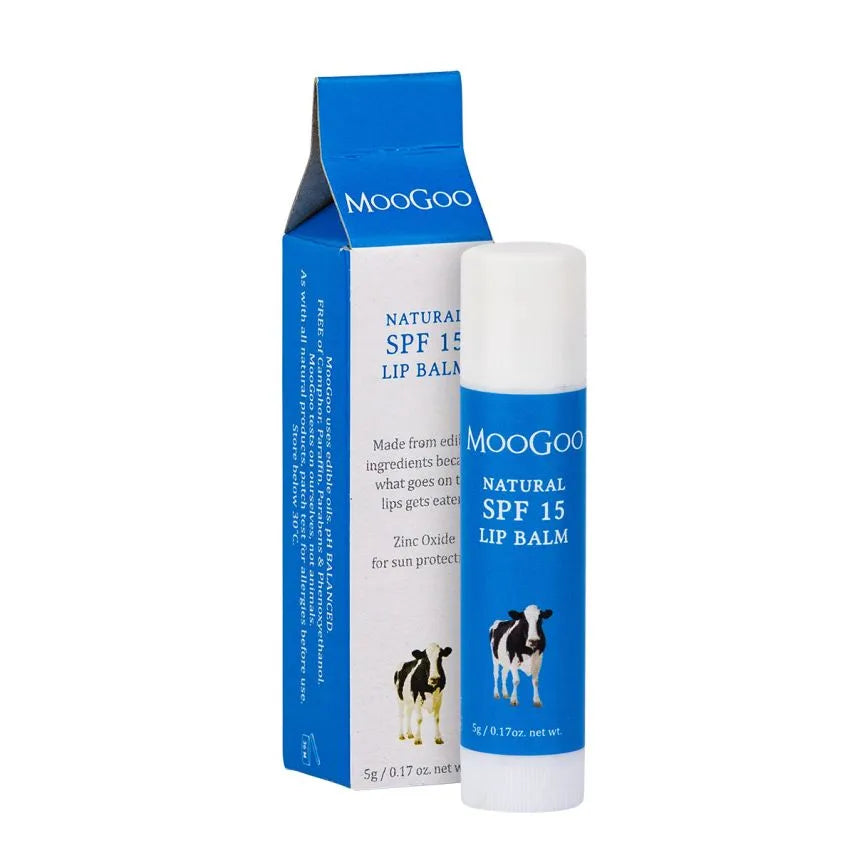 MooGoo Edible Lip Balm SPF 15 Like all our Lip Balms, we made our SPF 15 Balm to be edible as well as moisturising and conditioning for the skin. We all want soft and healthy lips without having to eat petroleum jelly or UV Filters. We use Zinc Oxide for natural, physical sun protection, along with some natural moisturising oils to make this one of the most natural SPF lip balms ever. So go and enjoy the sun.