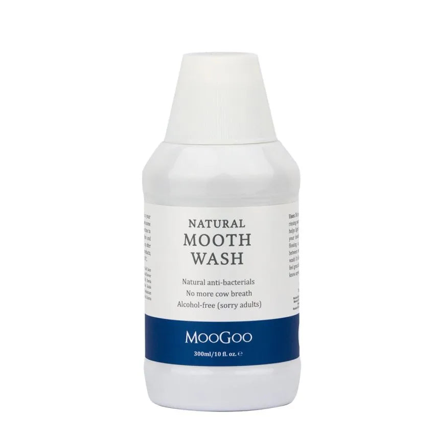 MooGoo Moothwash 300ml A well-formulated mouthwash is needed to rinse away food missed by brushing, helps fight cavity-causing critters and freshens your breath. Despite their usefulness for oral hygiene, some people have steered clear of them due to the controversy over some commonly used ingredients, so we’ve been particularly careful to choose safe and natural ingredients that have a function other than just an over-powering minty rinse.