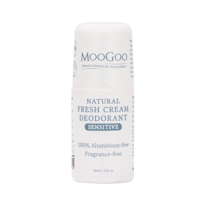 MooGoo Fresh Cream Deodorant Sensitive 60ml Sensitive is our silent achiever. Understated and unscented, this one was made with the sensitive types in mind. And there's a lot of us out there! If you're often easily irritated (sounds like us) by antiperspirants, or your pits are particularly pedantic, we've got you fully covered. Literally, just cover your armpits in this.