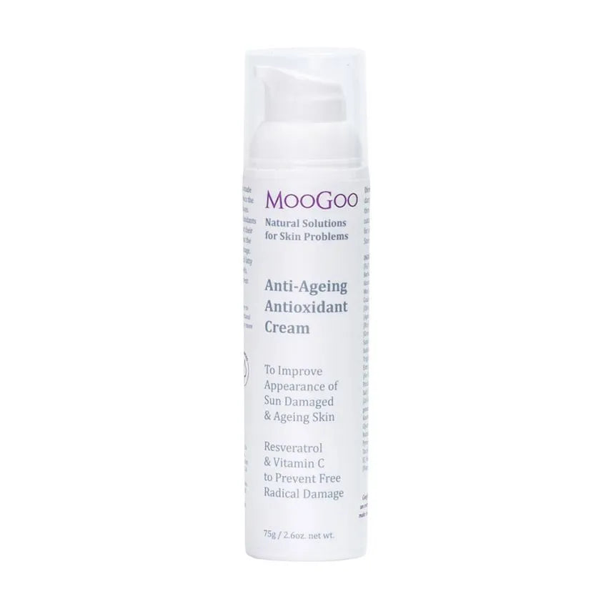MooGoo Anti-Ageing Antioxidant Face Cream 75g Is it possible to help your skin remain young looking? We think the best methods don’t involve creams that temporally plump out lines or temporarily tighten the skin. In fact, long term use of these types of creams may be detrimental to the skin.