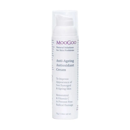 MooGoo Anti-Ageing Antioxidant Face Cream 75g Is it possible to help your skin remain young looking? We think the best methods don’t involve creams that temporally plump out lines or temporarily tighten the skin. In fact, long term use of these types of creams may be detrimental to the skin.
