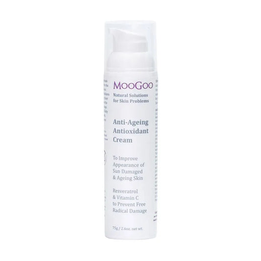 MooGoo Anti-Ageing Antioxidant Face Cream 75g Is it possible to help your skin remain young looking? We think the best methods don’t involve creams that temporally plump out lines or temporarily tighten the skin. In fact, long term use of these types of creams may be detrimental to the skin.
