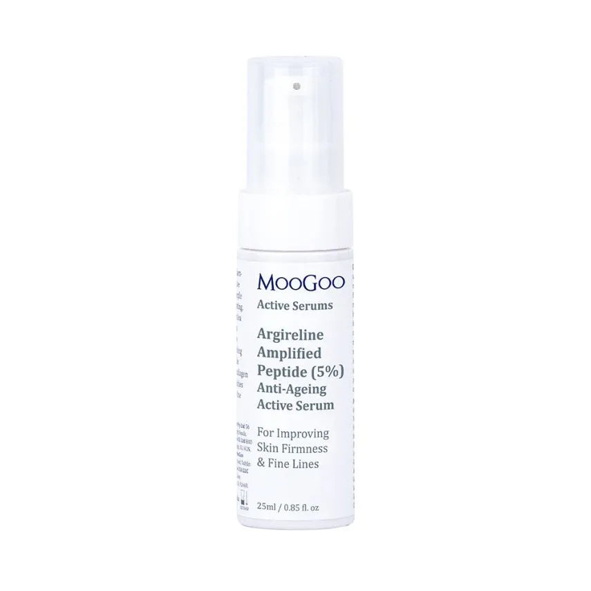 MooGoo Anti-Ageing Active Serum 25ml Argireline Amplified Peptide (5%) Anti-Ageing Active Serum 25ml What’s the point of anti-ageing ingredients, particularly the expensive ones, if they just sit on top of the skin? Exactly! Not much point at all. Test tube results are meaningless if they don’t translate to real life, right?