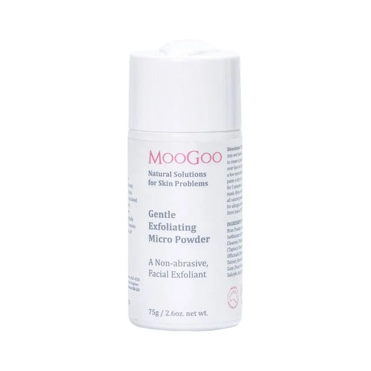 MooGoo Gentle Exfoliating Micro Powder 75g Having a bit of a rough time and need some help s-MOO-thing things out with your skin? We’ve carefully designed a non-abrasive, facial exfoliant to help you buff away the day and turn over a new leaf to start fresh. We believe that dual exfoliation (meaning organic acid and non-scratchy physical particles) is the most effective way to gently exfoliate.