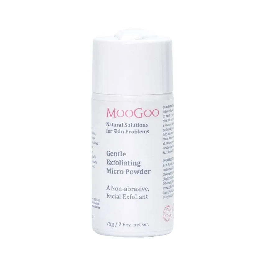 MooGoo Gentle Exfoliating Micro Powder 75g Having a bit of a rough time and need some help s-MOO-thing things out with your skin? We’ve carefully designed a non-abrasive, facial exfoliant to help you buff away the day and turn over a new leaf to start fresh. We believe that dual exfoliation (meaning organic acid and non-scratchy physical particles) is the most effective way to gently exfoliate. 