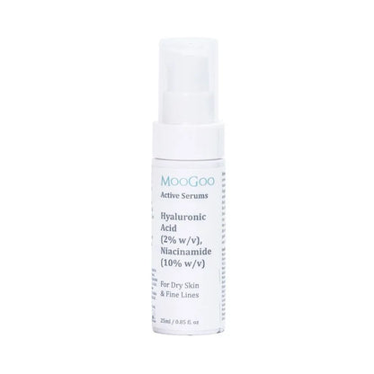 MooGoo Active Serums Hyaluronic Acid 25ml This serum was created with multi-tasking in mind. If you’re familiar with MooGoo you’ll know that we don’t like a lot of fuss, but we love ingredients that can talk the talk AND walk the walk. When we came across Hyaluronic Acid and Niacinamide, we knew we wanted to use them both, but we didn’t want to create a 10-step skin routine to get all the skin goodness we’re looking for.