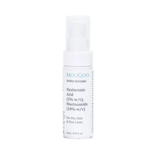 MooGoo Active Serums Hyaluronic Acid 25ml This serum was created with multi-tasking in mind. If you’re familiar with MooGoo you’ll know that we don’t like a lot of fuss, but we love ingredients that can talk the talk AND walk the walk. When we came across Hyaluronic Acid and Niacinamide, we knew we wanted to use them both, but we didn’t want to create a 10-step skin routine to get all the skin goodness we’re looking for.