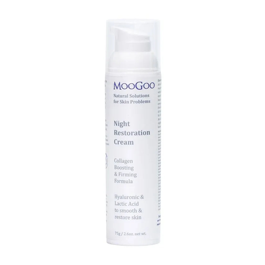 MooGoo Night Restoration Cream 75g You’ll notice a new ingredient we’ve never used before in this formula; Lactic Acid. Sound familiar? If not then you’ve probably never given Crossfit a go - it’s what causes your muscles to burn during exercise. This is a naturally occurring Hydroxy Acid, which loosens the glue that holds dead skin cells together, helping to remove rough, flaky skin.