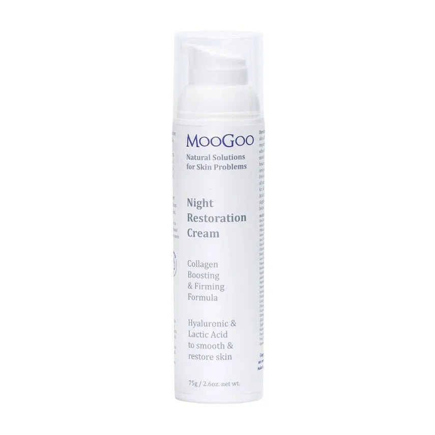 MooGoo Night Restoration Cream 75g You’ll notice a new ingredient we’ve never used before in this formula; Lactic Acid. Sound familiar? If not then you’ve probably never given Crossfit a go - it’s what causes your muscles to burn during exercise. This is a naturally occurring Hydroxy Acid, which loosens the glue that holds dead skin cells together, helping to remove rough, flaky skin. 