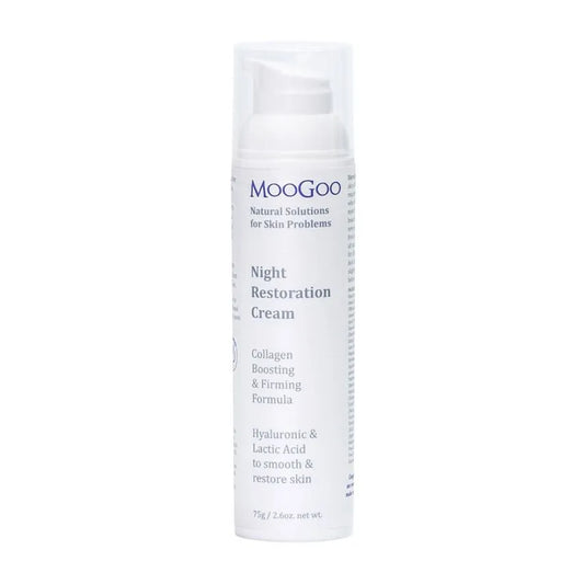 MooGoo Night Restoration Cream 75g You’ll notice a new ingredient we’ve never used before in this formula; Lactic Acid. Sound familiar? If not then you’ve probably never given Crossfit a go - it’s what causes your muscles to burn during exercise. This is a naturally occurring Hydroxy Acid, which loosens the glue that holds dead skin cells together, helping to remove rough, flaky skin.