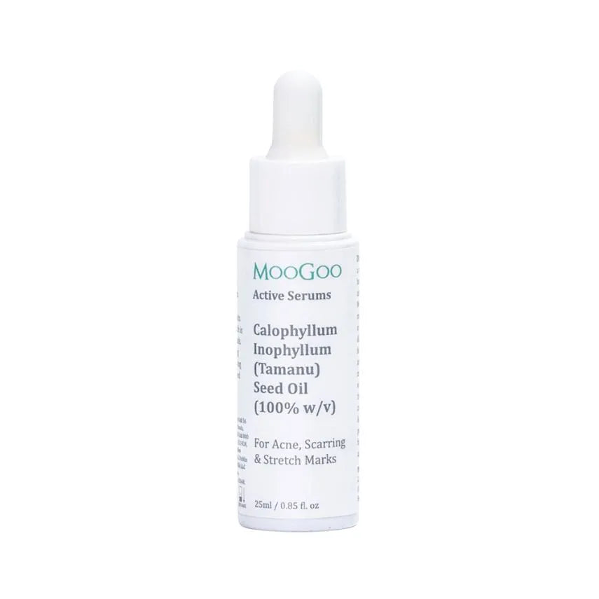 MooGoo Active Serums Tamanu Oil 25ml Calophyllum Inophyllum (Tamanu) Seed Oil (100%) w/v 25ml Used for centuries in the Pacific Islands, this oil gained attention when it was shown in a study to help normalise the appearance of scar tissue. From the moment you apply Tamanu Oil to the skin, it can be seen that it’s a very intense and concentrated oil.