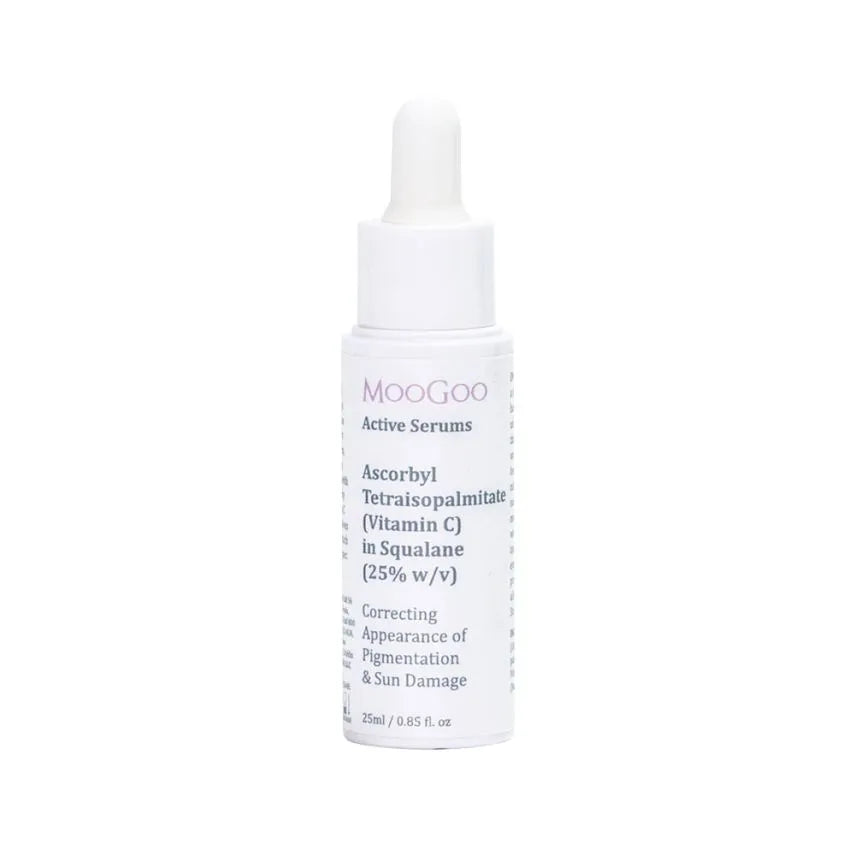 MooGoo Active Serums Vitamin C 25ml Ascorbyl Tetraisopalmitate (Vitamin C) in Squalane (25% w/v) 25ml  We made this serum by dissolving an oil-soluble form of Vitamin C called Ascorbyl Tetraisopalmitate or VCIP, through a base of hydrating antioxidant oils that mimic the skin's own sebum. This means that it’s easily absorbed into the skin, getting the goods right where you want them.