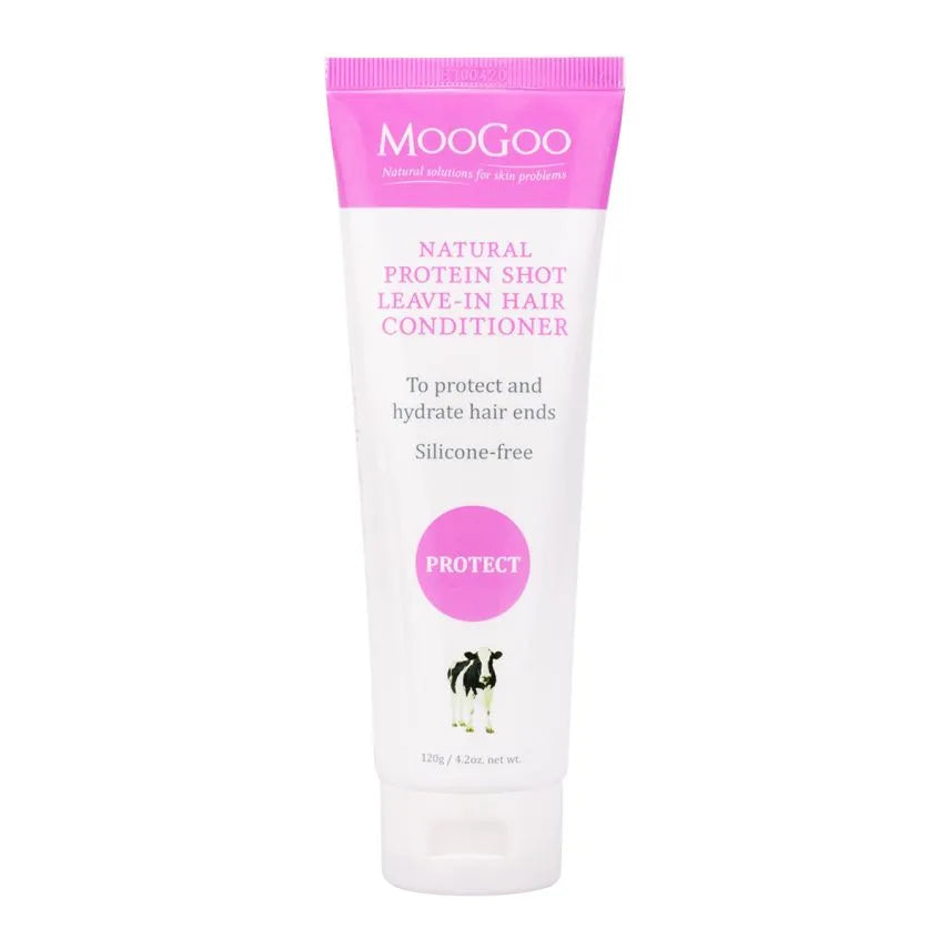 MooGoo Protein Shot Leave In Hair Conditioner 120g Our Protein Shot Leave-In Conditioner was made to complement our Cream Conditioner after we had so many super-fan customers asking for us for it. Most conditioners are made using silicone-based ingredients (usually big words that end with –cone) that coat the hair in something slippery, making it feel silky and smooth. They do a great job of making the hair feel hydrated and easy to detangle.