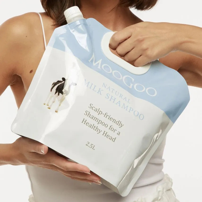 MooGoo Milk Shampoo Refill 2.5L Pouch 1st Stop, Marshall's Health Shop!  Our Milk Shampoo is one of our most popular products. It was originally made for a family member who had a scalp so itchy they went to bed with olive oil on their scalp and cling wrap around their head. It took us 6 months of trialing until we were able to banish the cling wrap to the kitchen for good.