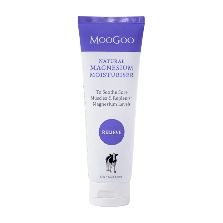 MooGoo Natural Magnesium Moisturiser 120g 1st Stop, Marshall's Health Shop!  The benefits of using creams and oils that contain Magnesium are now well-established. We created this concentrated moisturiser with 20% of bioavailable Magnesium Chloride per tube, made possible using an advanced natural emulsion system.
