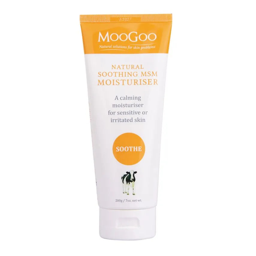 MooGoo Soothing MSM Moisturiser 200g We made this cream with the sensitive types in mind. We know how frustrating it can be for those with fussy skin that react to just about anything and everything. This lightweight cream is made using the moisturising base of our Full Cream Moisturiser which is full of oils that are high in the types of fatty acids that healthy skin needs and irritated skin loves.