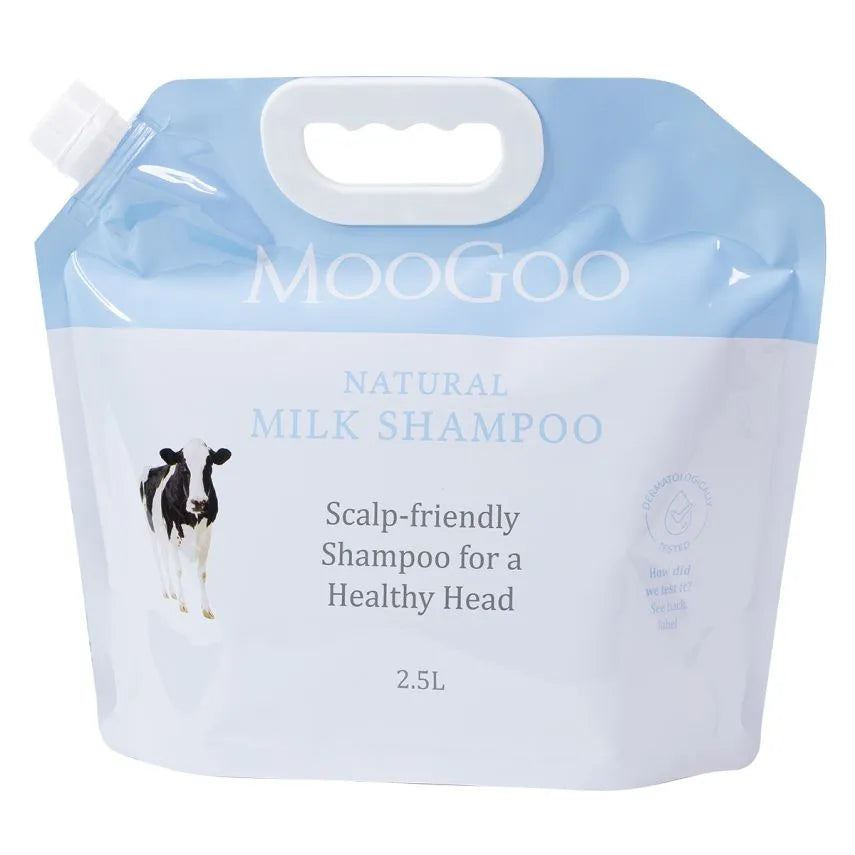 MooGoo Milk Shampoo Refill 2.5L Pouch 1st Stop, Marshall's Health Shop!  Our Milk Shampoo is one of our most popular products. It was originally made for a family member who had a scalp so itchy they went to bed with olive oil on their scalp and cling wrap around their head. It took us 6 months of trialing until we were able to banish the cling wrap to the kitchen for good.