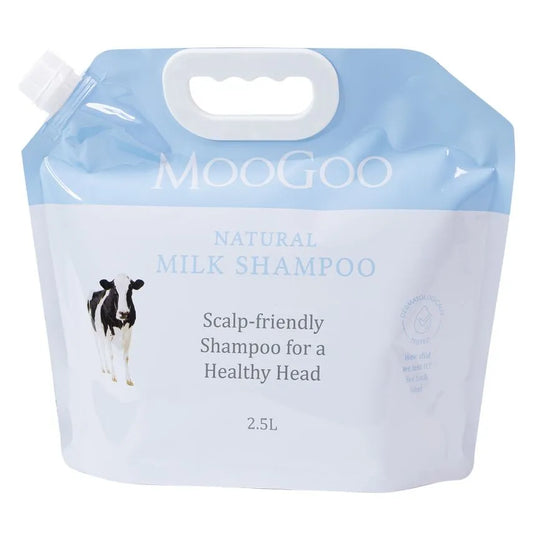 MooGoo Milk Shampoo Refill 2.5L Pouch 1st Stop, Marshall's Health Shop! Our Milk Shampoo is one of our most popular products. It was originally made for a family member who had a scalp so itchy they went to bed with olive oil on their scalp and cling wrap around their head. It took us 6 months of trialing until we were able to banish the cling wrap to the kitchen for good.