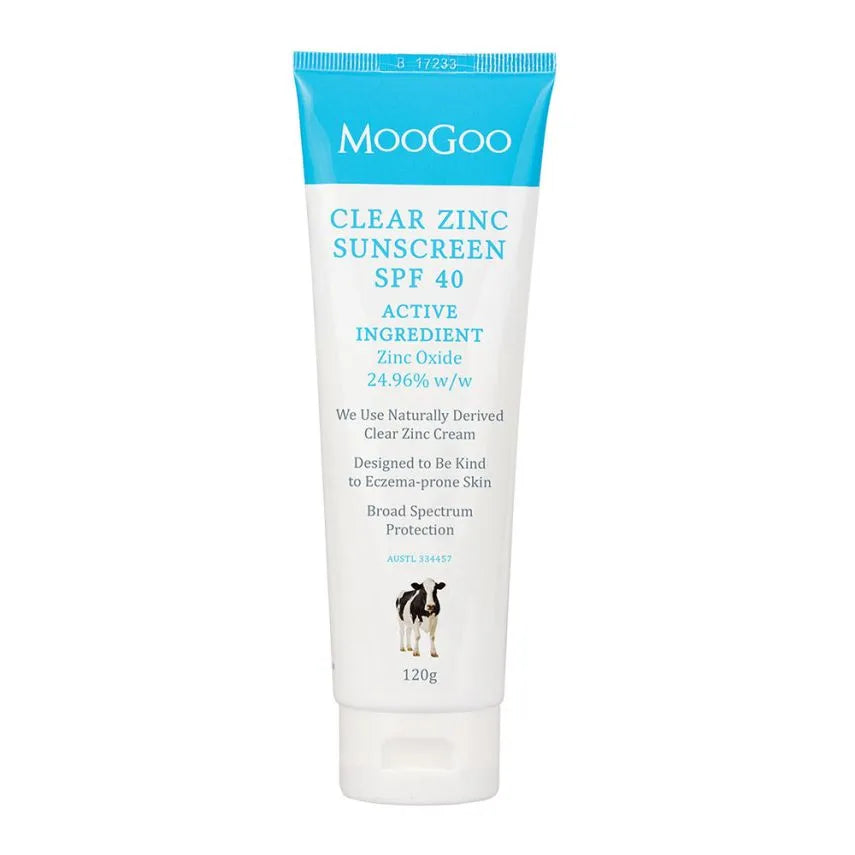 MooGoo Clear Zinc Sunscreen SPF 40 120g We wish making a good sunscreen using only Zinc as the active was as easy as putting Zinc into a moisturiser; but it’s not. Developing a sunscreen with broad-spectrum sun protection using only Zinc, without being too greasy is very complicated. The cream needs to be stable, provide a good reflective film, be naturally preserved etc. All of these things took us 4 years of work to achieve.