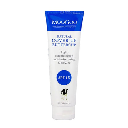 MooGoo Cover Up Buttercup SPF 15 Natural Moisturiser 120g A natural SPF 15 cream still provides very good sun protection whilst not requiring as much clear Zinc and other ingredients as with higher SPF formulas so it feels lighter on the skin. This formula provides long lasting protection without using UV Filters or penetration enhancers, and it won’t leave you looking white as a ghost after application. This is personally what we prefer to use at home.