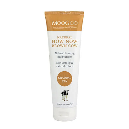 MooGoo How Now Brown Cow Gradual Tanning Cream 120g We think we look better with a bit of colour and like to maintain a healthy glow all year round, without the sun damage. A few of us here at MooGoo like using self-tanning creams, but we got tired of the orange colour many of them leave, as well as the smell. That’s why we set out to make this product, so we would have something that was genuinely natural, effective and moisturising.