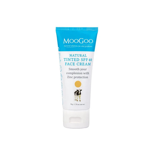 MooGoo Tinted SPF 40 Face Cream 50g S-MOOth out your complexion with Broad Spectrum protection! This natural cream is perfect for anyone who needs a way to smooth out their skin tone in harsh sunlight whilst protecting their skin with broad spectrum SPF 40. We use Zinc Oxide for sun protection as it acts as a physical barrier on the skin reflecting UVA ad UVB rays away from the skin.