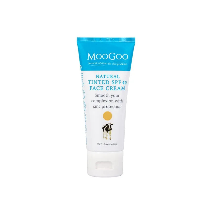 MooGoo Tinted SPF 40 Face Cream 50g S-MOOth out your complexion with Broad Spectrum protection! This natural cream is perfect for anyone who needs a way to smooth out their skin tone in harsh sunlight whilst protecting their skin with broad spectrum SPF 40. We use Zinc Oxide for sun protection as it acts as a physical barrier on the skin reflecting UVA ad UVB rays away from the skin.