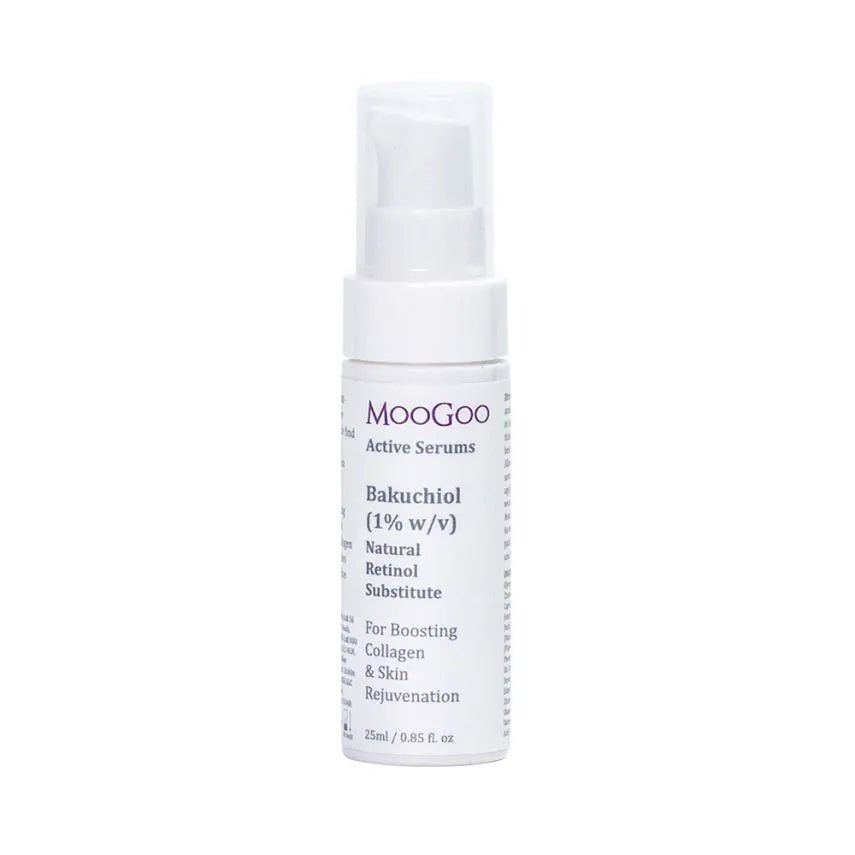 MooGoo Active Serum Bakuchiol 25ml Bakuchiol (1% w/v) Natural Retinol Substitute Active Serum 25ml Retinol (Vitamin A) has been a fan fave among skincare aficionados for years now and the hype is real. Retinoids work by prompting surface skin cells to turn over and die rapidly, making way for new cell growth underneath