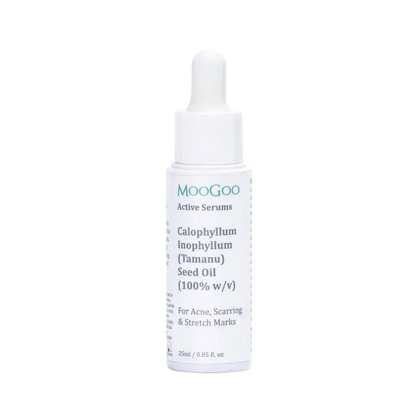 MooGoo Active Serums Tamanu Oil 25ml Calophyllum Inophyllum (Tamanu) Seed Oil (100%) w/v 25ml Used for centuries in the Pacific Islands, this oil gained attention when it was shown in a study to help normalise the appearance of scar tissue. From the moment you apply Tamanu Oil to the skin, it can be seen that it’s a very intense and concentrated oil.