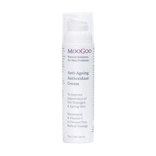 MooGoo Anti-Ageing Antioxidant Face Cream 75g Is it possible to help your skin remain young looking? We think the best methods don’t involve creams that temporally plump out lines or temporarily tighten the skin. In fact, long term use of these types of creams may be detrimental to the skin.