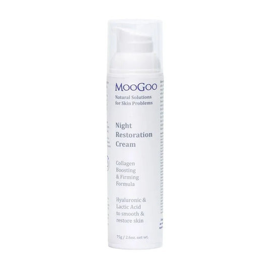 MooGoo Night Restoration Cream 75g You’ll notice a new ingredient we’ve never used before in this formula; Lactic Acid. Sound familiar? If not then you’ve probably never given Crossfit a go - it’s what causes your muscles to burn during exercise. This is a naturally occurring Hydroxy Acid, which loosens the glue that holds dead skin cells together, helping to remove rough, flaky skin.