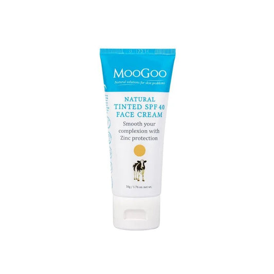 MooGoo Tinted SPF 40 Face Cream 50g S-MOOth out your complexion with Broad Spectrum protection! This natural cream is perfect for anyone who needs a way to smooth out their skin tone in harsh sunlight whilst protecting their skin with broad spectrum SPF 40. We use Zinc Oxide for sun protection as it acts as a physical barrier on the skin reflecting UVA ad UVB rays away from the skin.