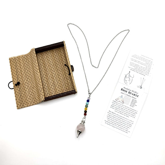 Pendulum Necklace Rose Quartz Chakra Beads
With Natural Bamboo Box. Box size:13x8CM- Necklace length: 70 x 9CM- Pendulum Dia 20mm
Natural Bamboo Gift Box Packaging. This item can be worn as a necklace and also used as a pendulum.
1st Stop, Marshall's Health Shop, Gift Shop!
SKU: BP2