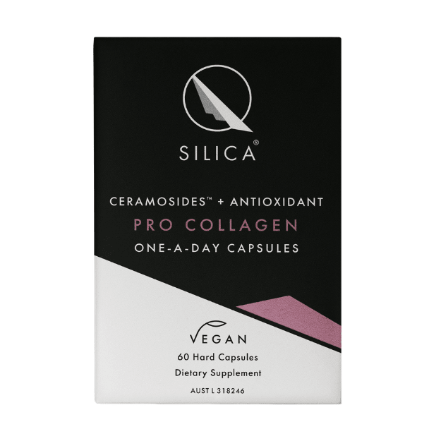 Qsilica Pro Collagen One-A-Day Hair Skin Nail 60 caps Qsilica Pro Collagen one a day capsules contains colloidal silica with a patented natural wheat seed extract known as Ceramosides which may assist the health of collagen.