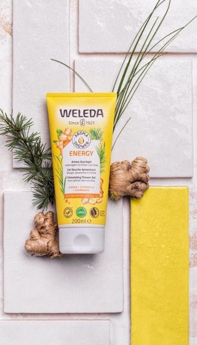 Weleda Aroma Shower Energy 200ml 1st Stop, Marshall's Health Shop! Stimulating Shower Gel Boost yourself with energy. Inspire your day with the stimulating, 100% natural fragrance of ginger, citronella and cedarwood. Biodegradable formula.