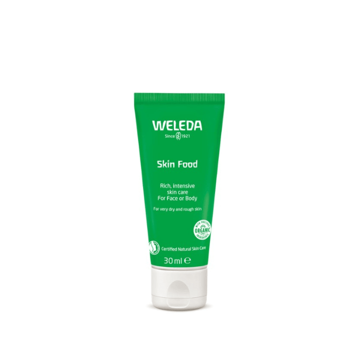 Weleda Skin Food 1st Stop, Marshall's Health Shop! The ultimate natural moisturiser for dry, rough skin everywhere If there’s just one thing you need to take to a desert island, it’s this little green magic tube. Skin Food is a saviour of dry, rough skin on faces, elbows, hands and feet – wherever you take a lot out of your skin, let Skin Food put it back in.