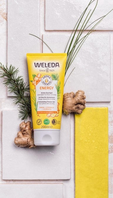 Weleda Aroma Shower Energy 200ml 1st Stop, Marshall's Health Shop! Stimulating Shower Gel Boost yourself with energy. Inspire your day with the stimulating, 100% natural fragrance of ginger, citronella and cedarwood. Biodegradable formula.