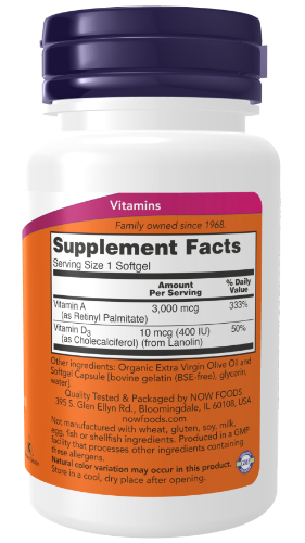 NOW Foods Vitamin A & D 10,000/400 IU Softgels 1st Stop, Marshall's Health Shop!  Vitamin A is essential for the maintenance of healthy epithelial tissue, which is found in the eyes, skin, respiratory system, GI and urinary tracts.* Vitamin D promotes calcium absorption and calcium transport to bones.*