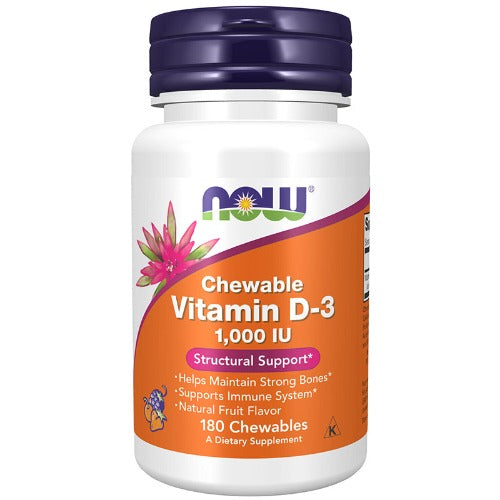 NOW Vitamin D3 1000iu 180 Chewables. What is Vitamin D3?  NOW® Chewable Vitamin D-3 supplies this key vitamin in a tasty chewable form. Vitamin D is normally obtained from the diet or produced by the skin from the ultraviolet energy of the sun. However, it is not abundant in food. As more people avoid sun exposure, vitamin D supplementation becomes even more necessary to ensure that your body receives an adequate supply.