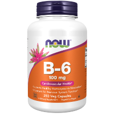 NOW Foods Vitamin B-6 100 mg 250 Veg Capsules 1st Stop, Marshall's Health Shop!  Vitamin B-6 is a cofactor in numerous enzymatic reactions and is required for the metabolism of fats, carbohydrates, and proteins.* It facilitates the conversion of amino acids from one to another as needed, and is necessary for normal synthesis of hemoglobin, as well as for normal function and production of red blood cells.