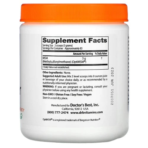Doctor's Best MSM Powder with OptiMSM, 8.8 oz (250 g) MSM with OptiMSM® provides sulfur known for being nature's 'beauty mineral'. Sulfur is a key component of collagen that supports the skin's structural framework and is a building block of keratin, an important constituent of hair and nails.